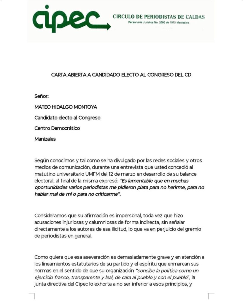 Primera página de la carta abierta del Cipec exigiendo a Mateo Hidalgo dar nombres de extorsionistas