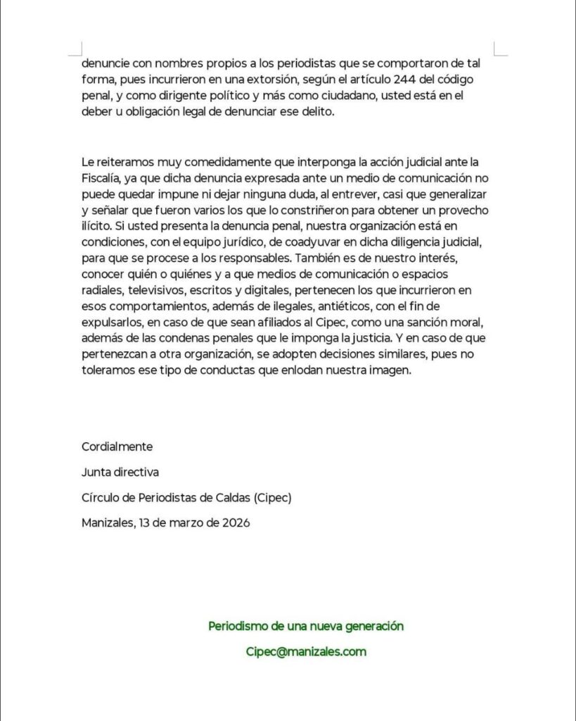 Segunda página de la carta abierta del Cipec ofreciendo apoyo jurídico al congresista