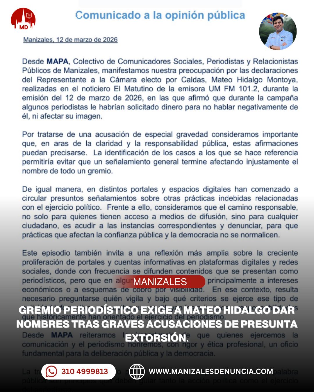 Mateo Hidalgo congresista en medio de denuncia por extorsión en Manizales