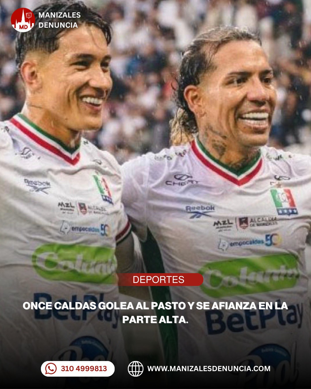 Dayro Moreno celebrando en el partido donde Once Caldas golea al Pasto 4-2 en Manizales